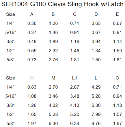Grade 100 Clevis Sling Hook Safety Latch Specs